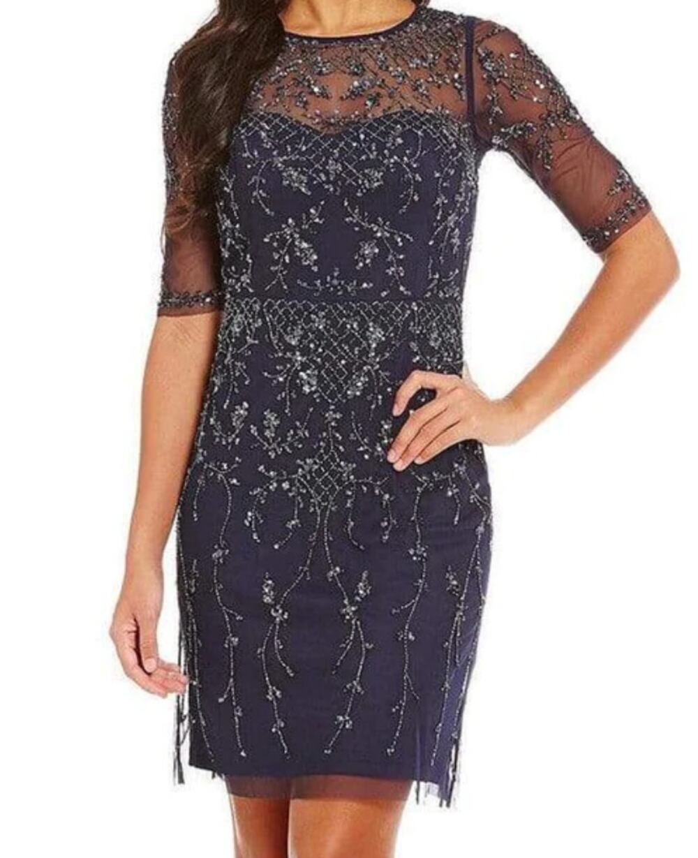 New Adrianna Papell Blue Beaded Illusion Short Sheath Dress Embellished Size 4